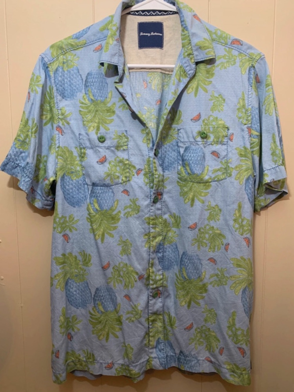 Men’s S Tommy Bahama Silk Blue Pineapple-Print Short-Sleeve Shirt